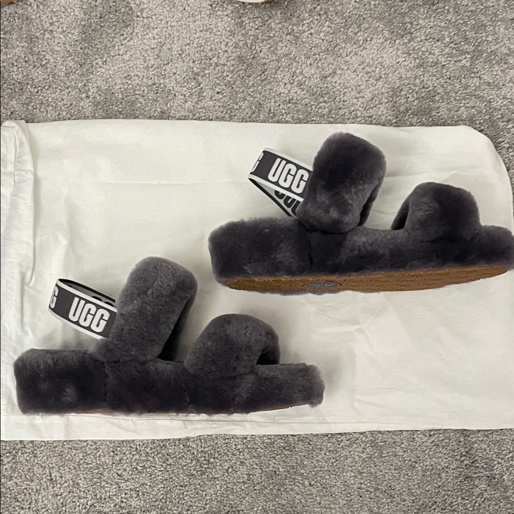 New! UGG Charcoal Fluffy Slides Size 7